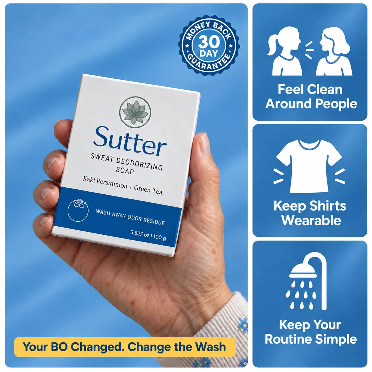 Sweat Deodorizing Soap held by an older woman