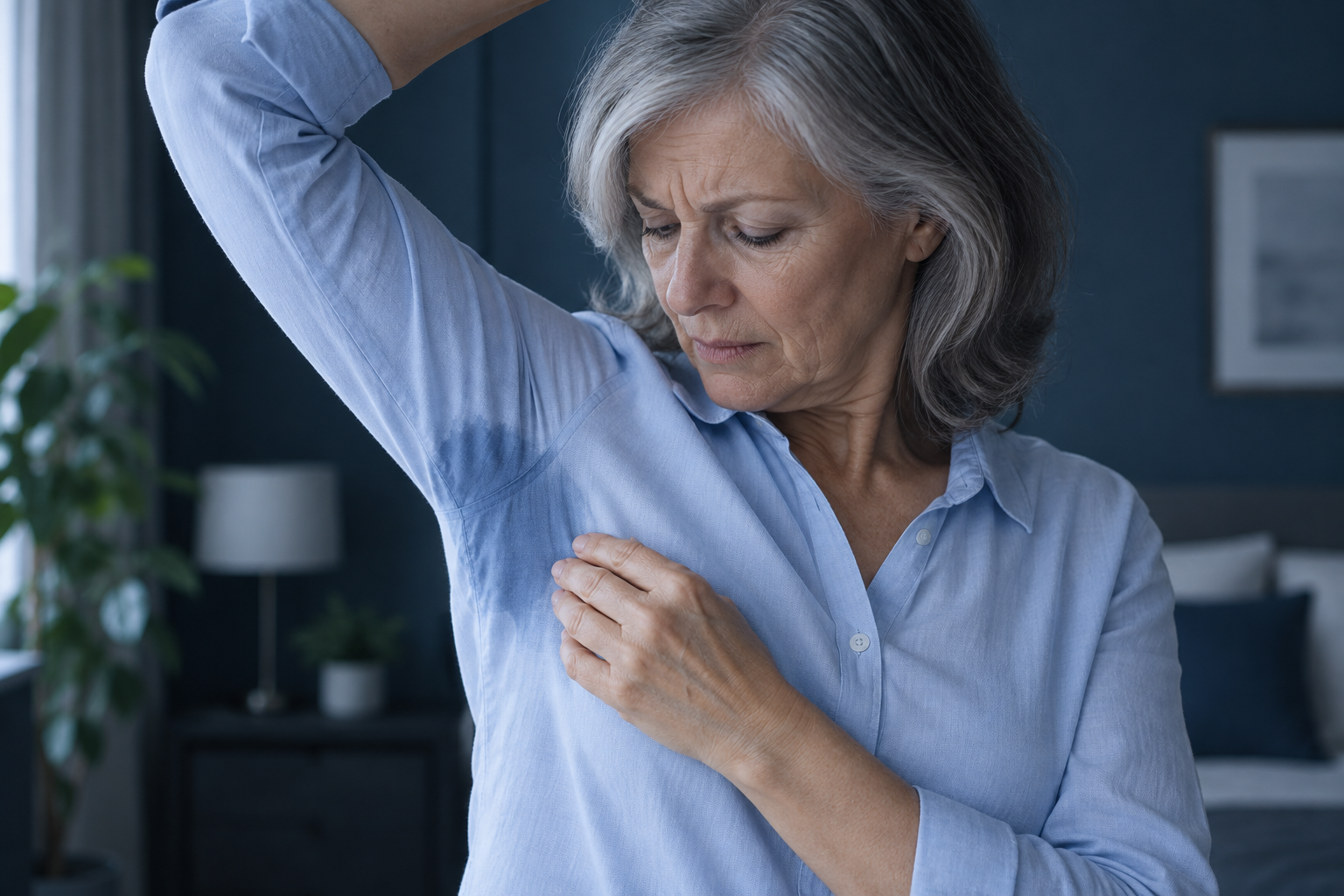 Older woman touching a visible underarm sweat stain on her blue shirt